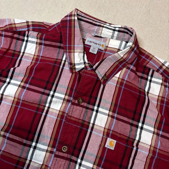 Carhartt Mens Sz 2XLT XXL TALL Loose Fit Short Sleeve Red Plaid Work Wear - Picture 1 of 5